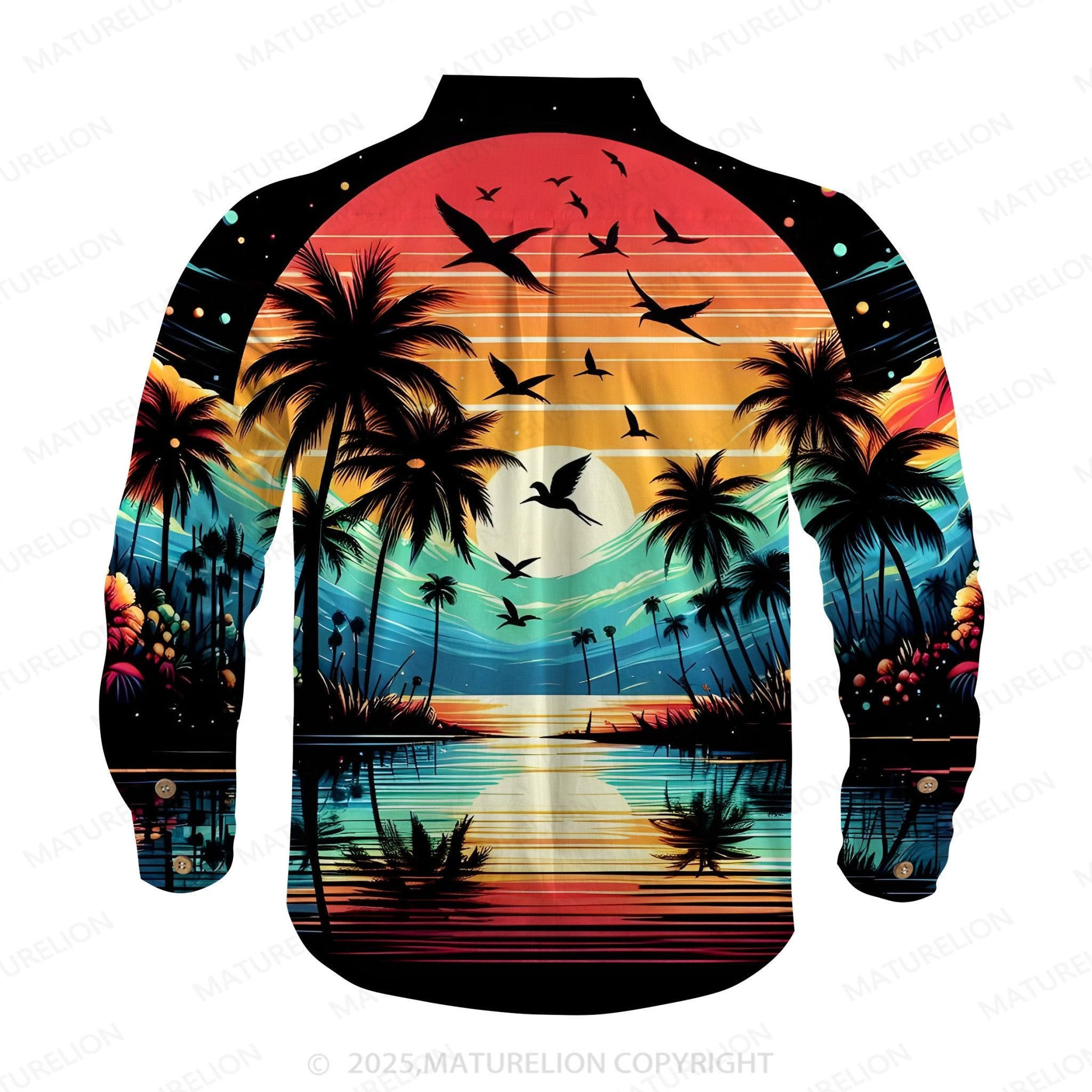 Maturelion Men's Aloha Shirts Vintage Sunset Print Hawaiian Shirt