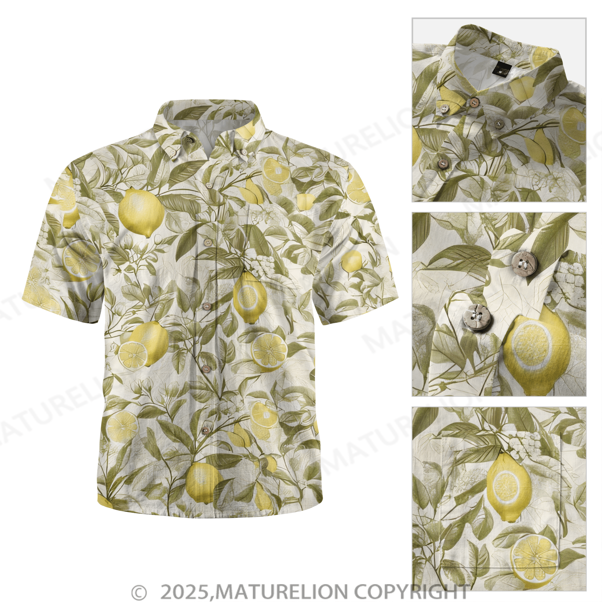 Maturelion Lemon Hawaiian Button Down Summer Beach  Print Hawaiian Shirt
