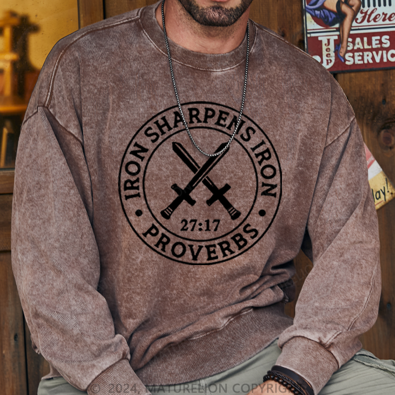 Maturelion Men's Sweatshirts Iron Sharpens Iron Washed Sweatshirts
