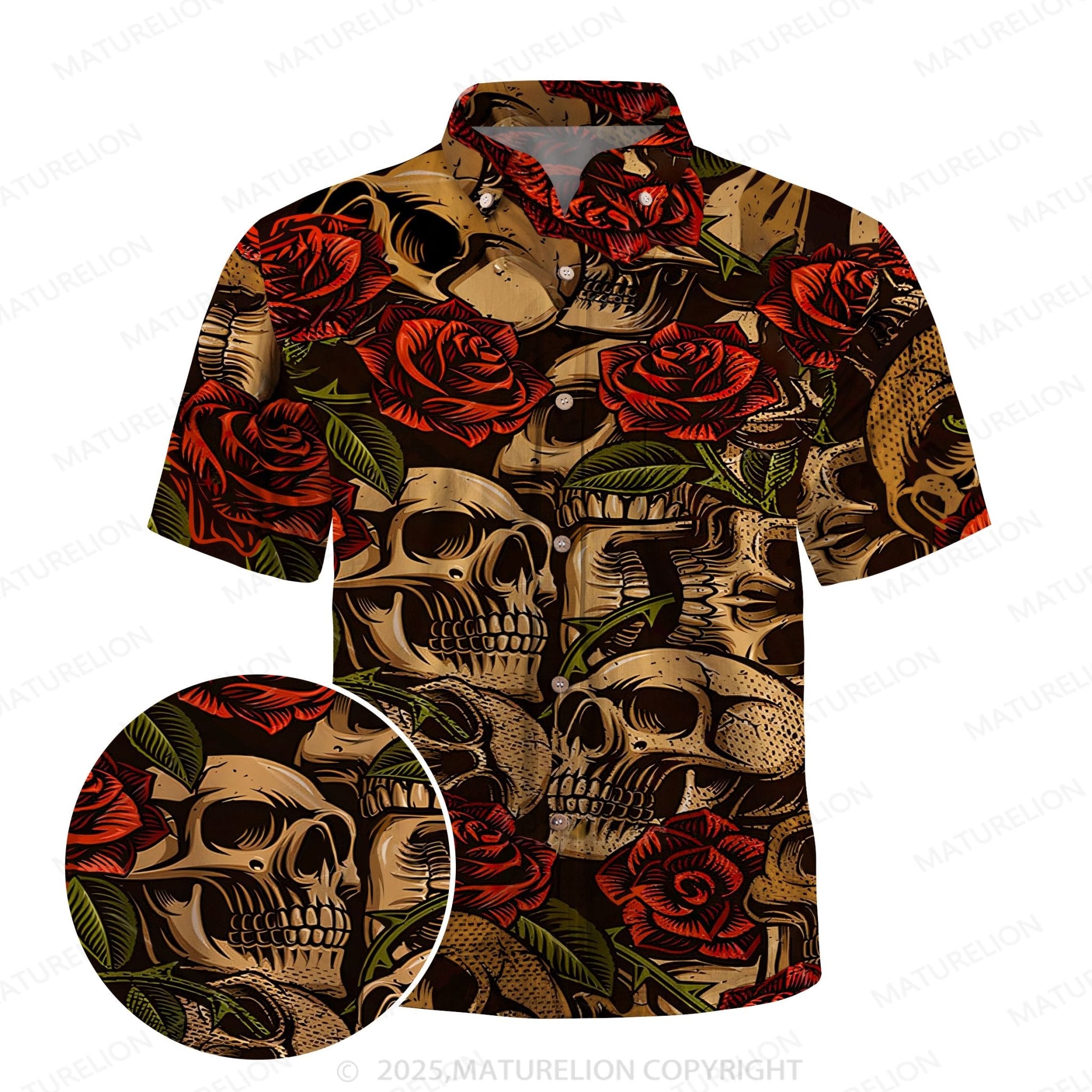 Maturelion Men's Youth Fashion Skull Rose Beach Casual Hawaiian Shirt