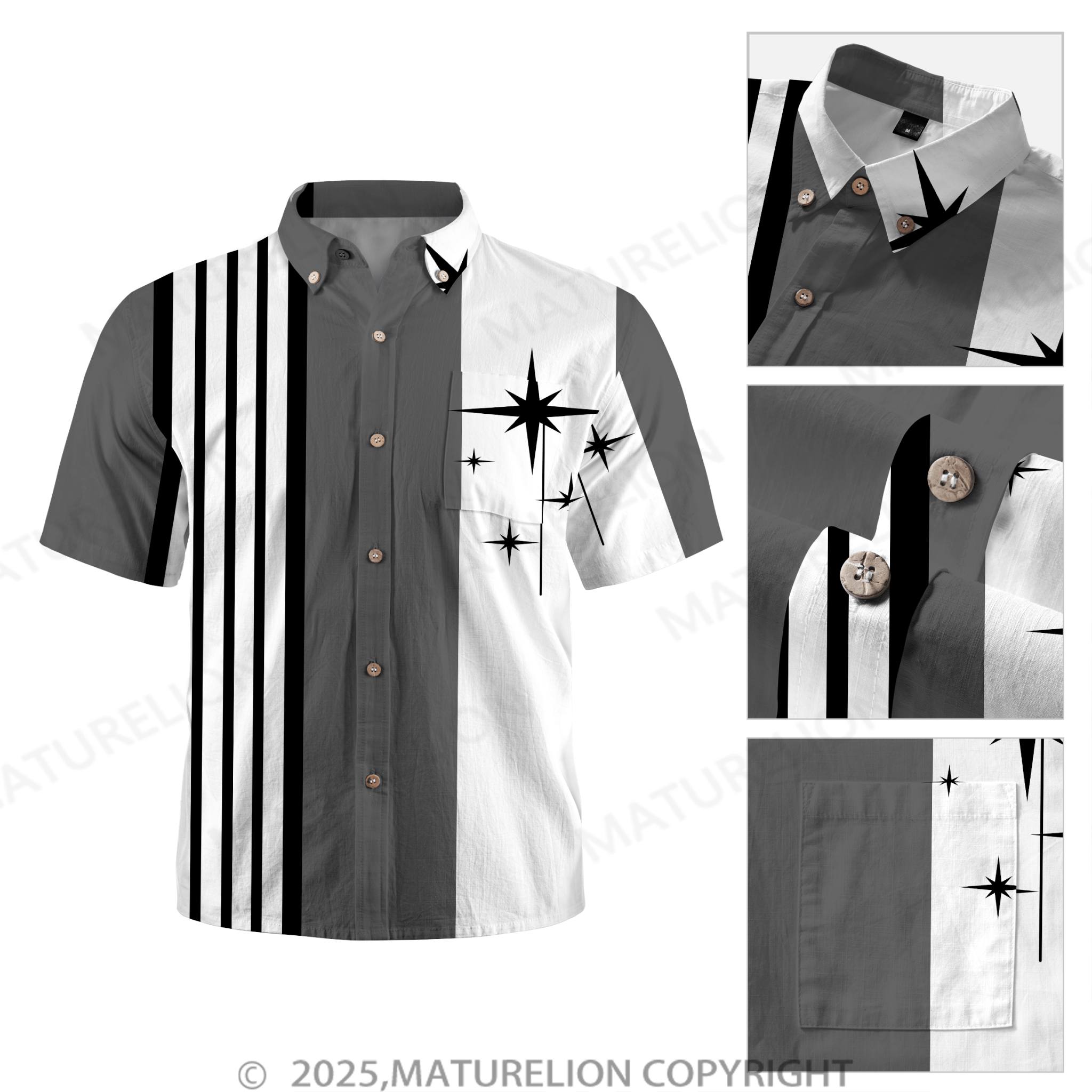 Maturelion retro bowling geometric pattern stripe print men's chest pocket holiday shirt oversized shirt