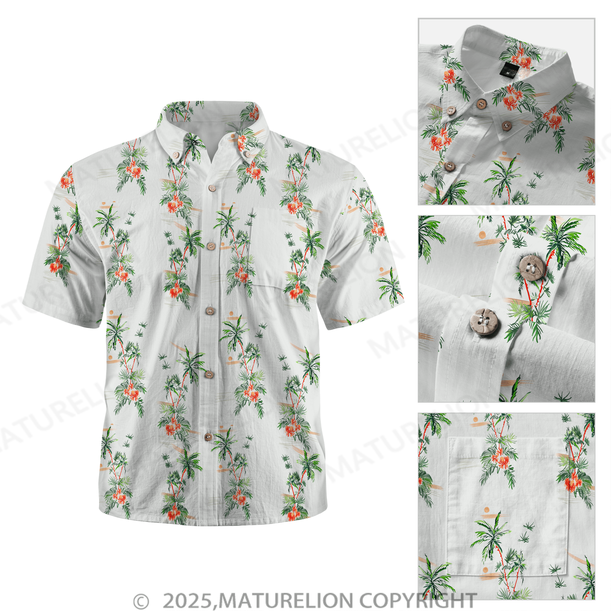 Maturelion Guys Coconut Tree Print Button Front Pocket Hawaiian Shirt