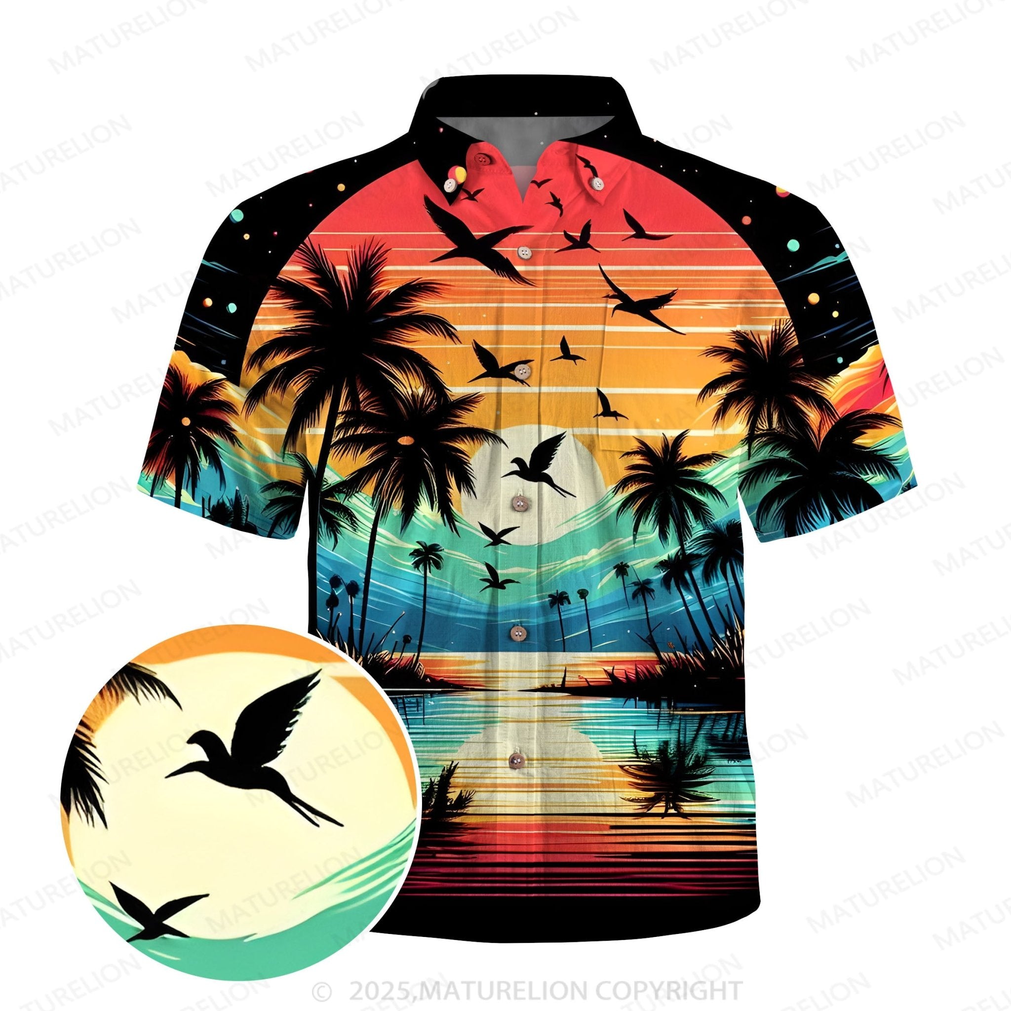 Maturelion Men's Aloha Shirts Vintage Sunset Print Hawaiian Shirt