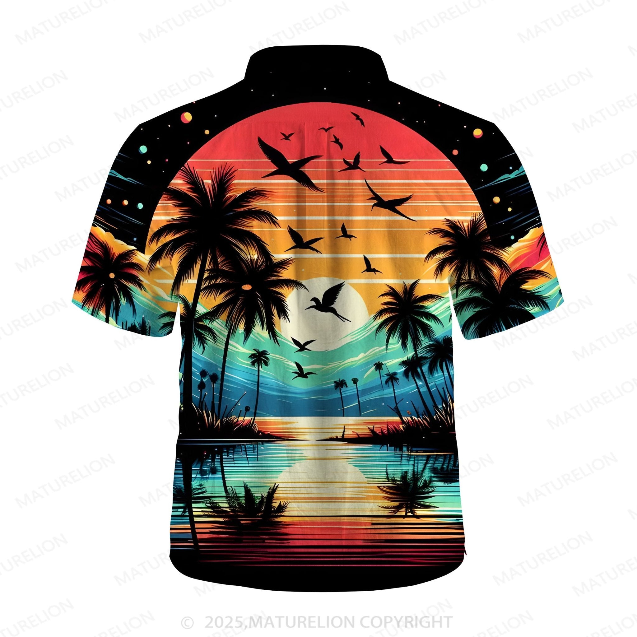 Maturelion Men's Aloha Shirts Vintage Sunset Print Hawaiian Shirt