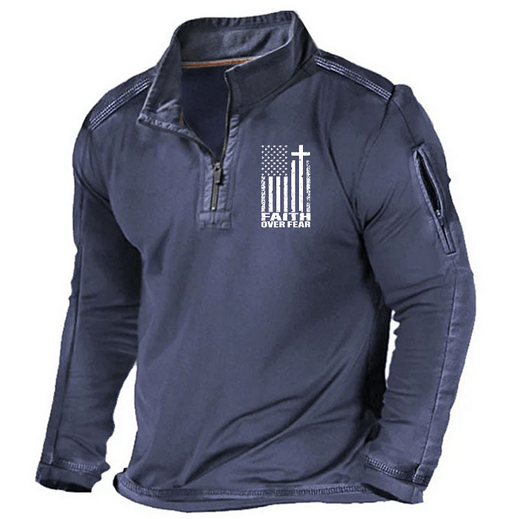 Maturelion Men's Henley Shirt Faith Over Fear Christian Flag Cross Henley Shirt