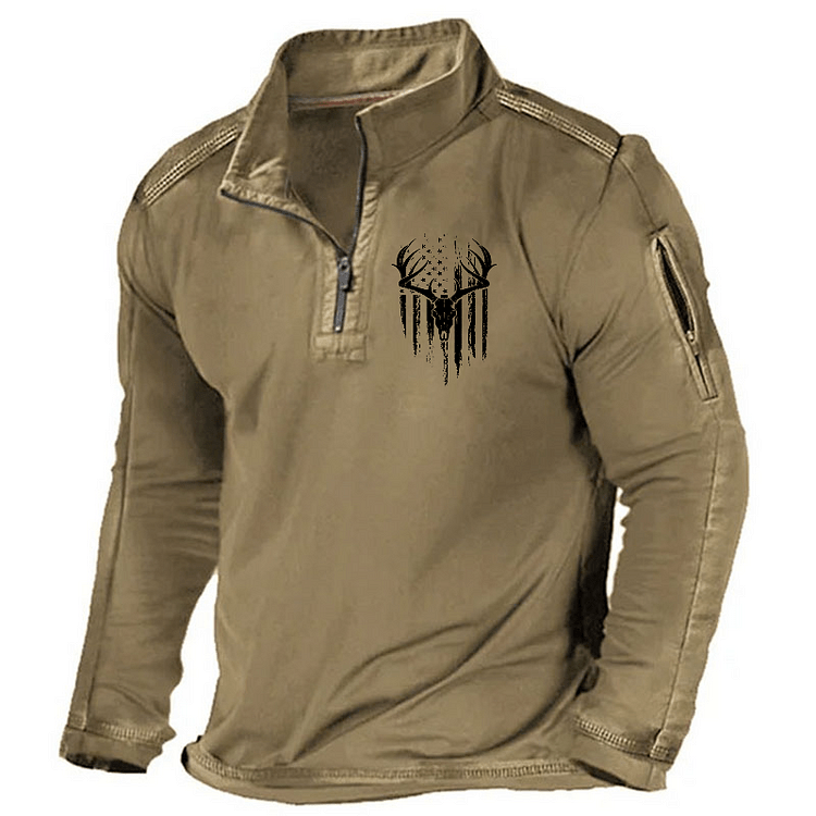 Maturelion Men's Henley Shirt Deer Hunting American Flag Bowhunting Whitetail Bow Hunter Henley Shirt