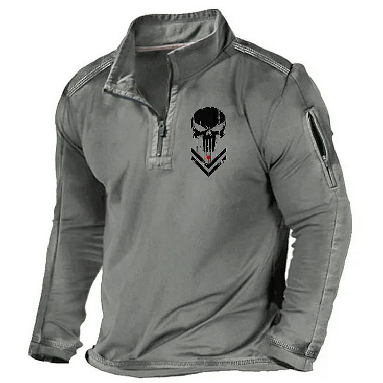 Maturelion Men's Henley Shirt Usa Skull Zipper Pocket Stand Collar Henley Shirt