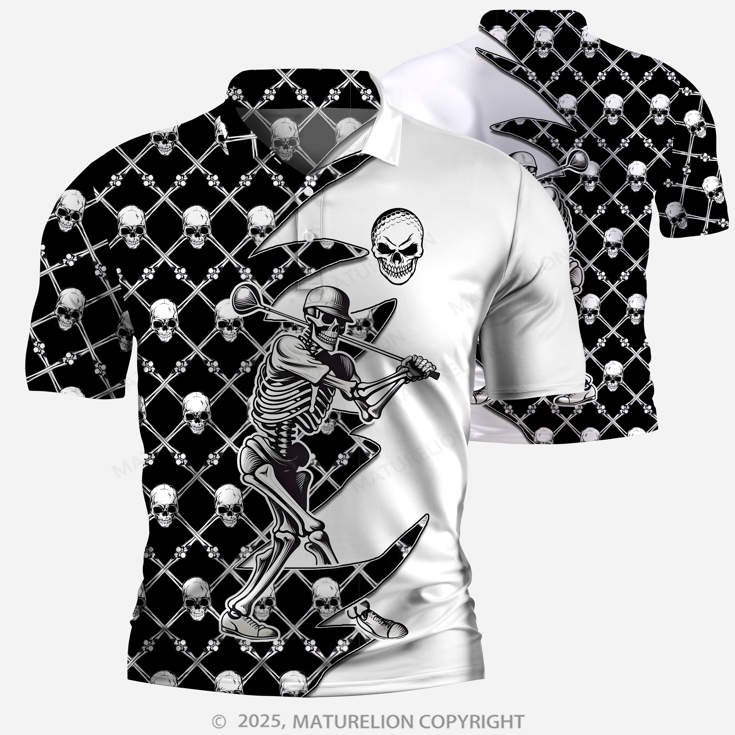 Maturelion Men's Cool Skull Print Polo Shirt