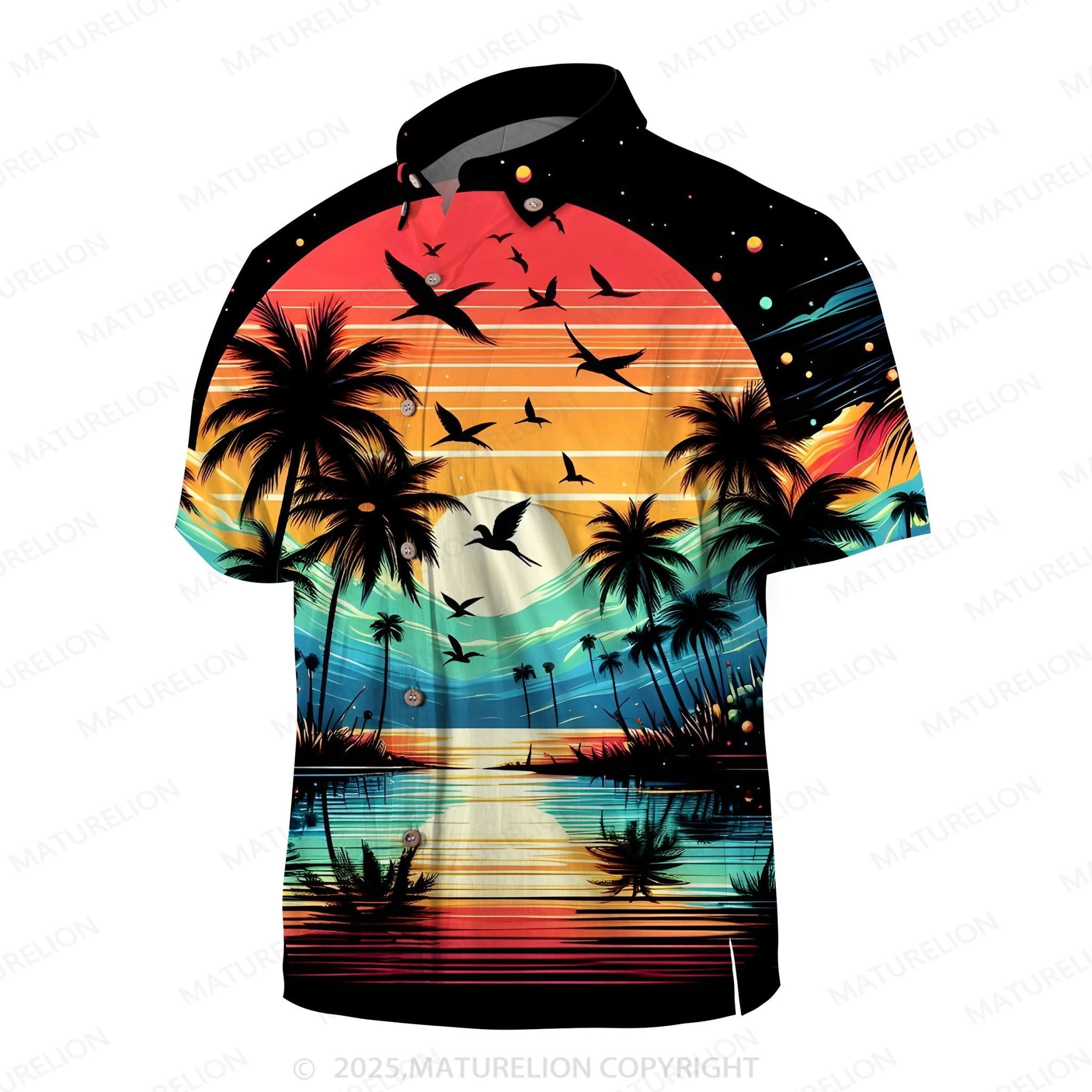 Maturelion Men's Aloha Shirts Vintage Sunset Print Hawaiian Shirt
