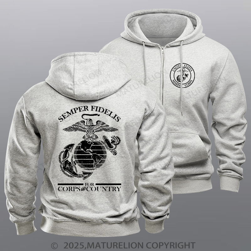 Maturelion Men's Hoodie USMC  For Country& Corps Zipper Hoodie