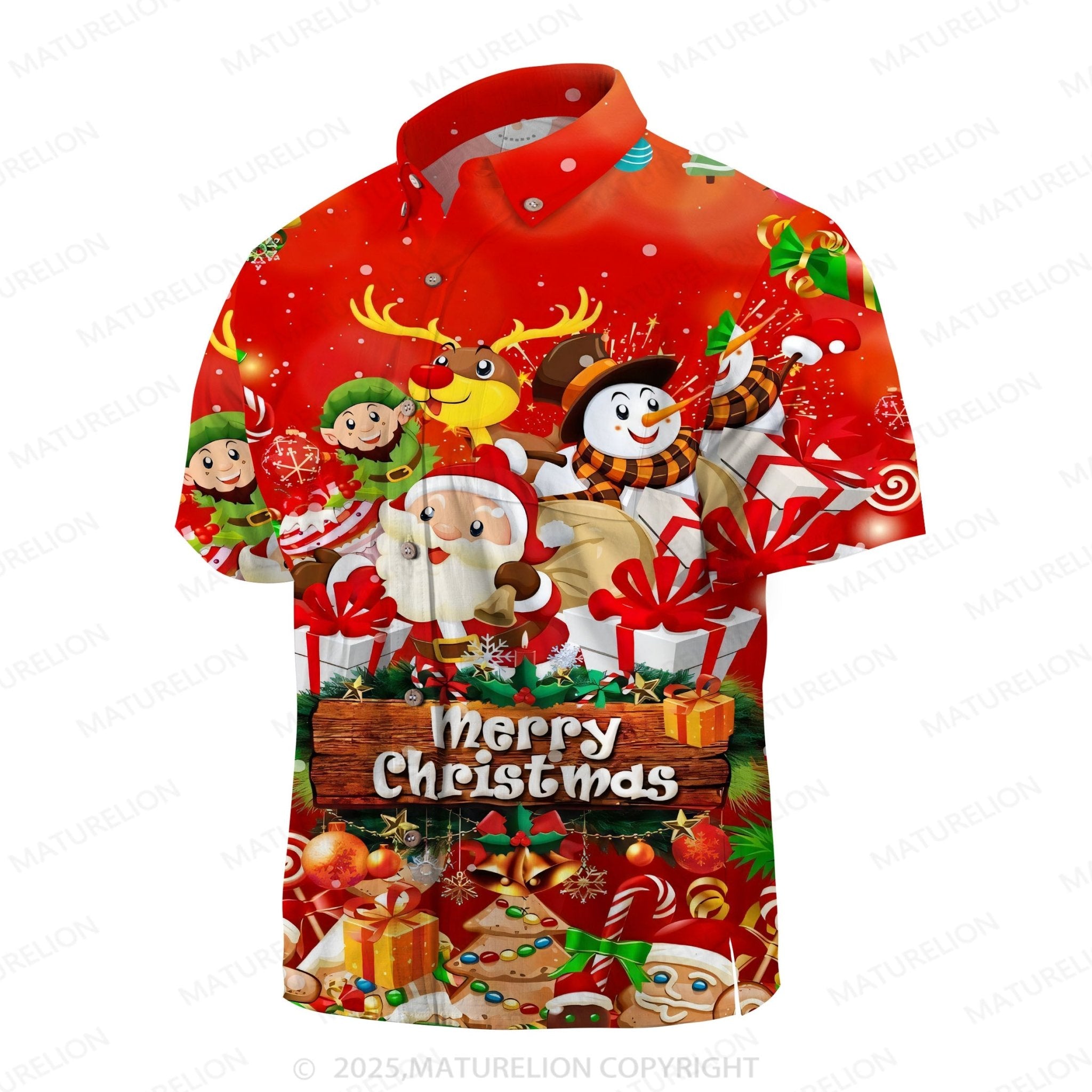 Maturelion Christmas Party Pocket Short Sleeve Hawaiian Shirt