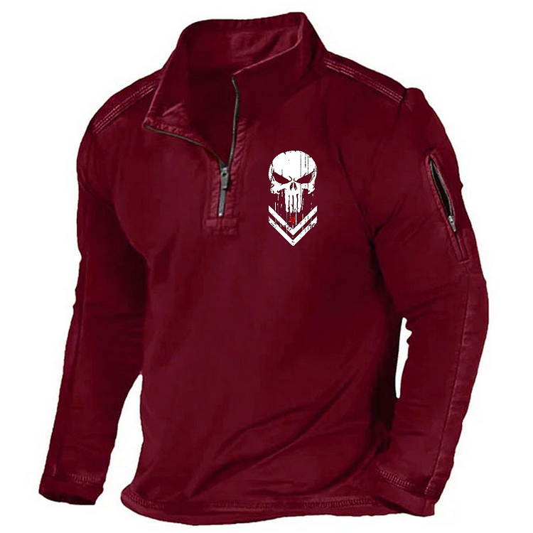 Maturelion Men's Henley Shirt Usa Skull Zipper Pocket Stand Collar Henley Shirt