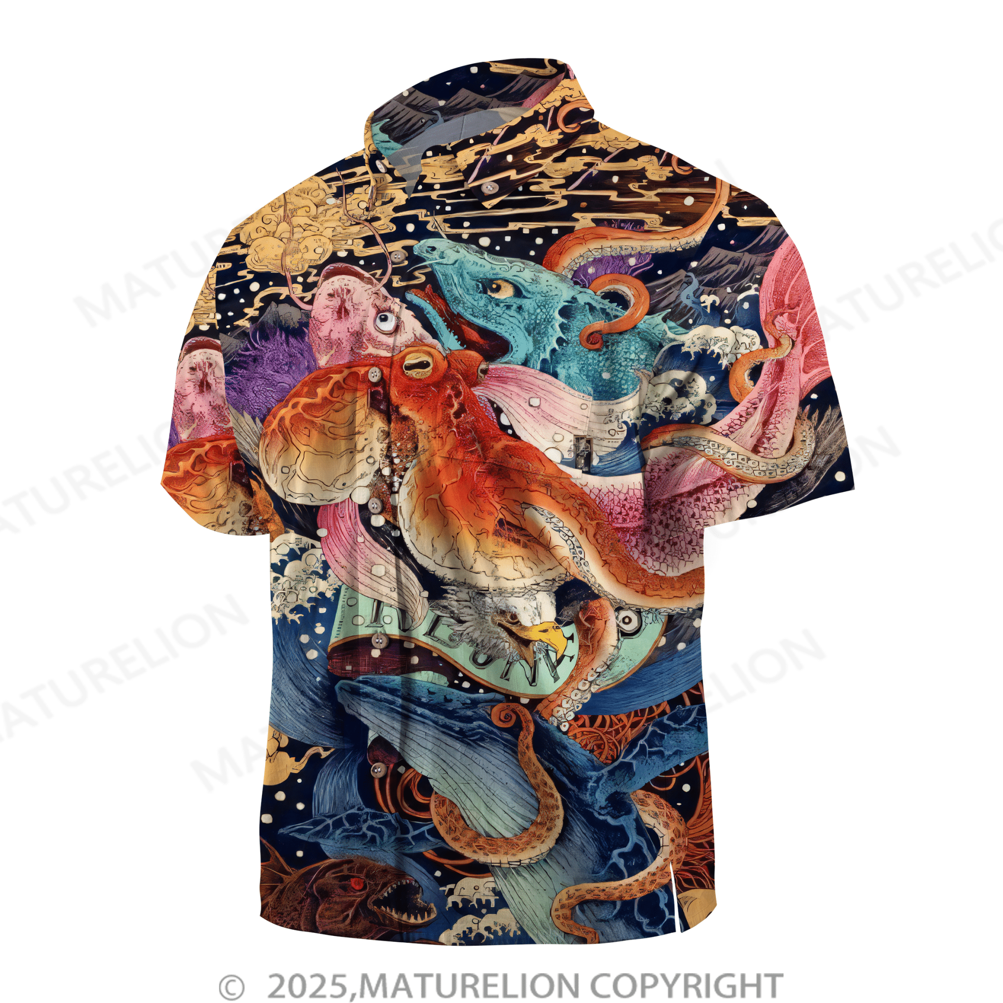 Maturelion Mens Ukiyo-E Octopus Sea Life Print Shirt