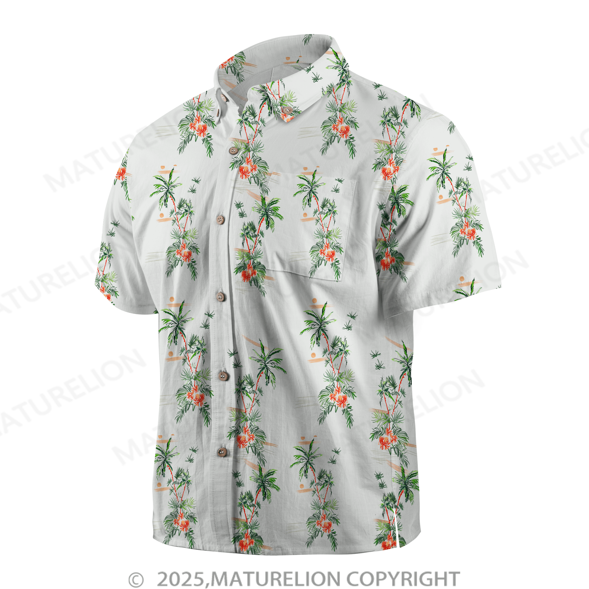 Maturelion Guys Coconut Tree Print Button Front Pocket Hawaiian Shirt