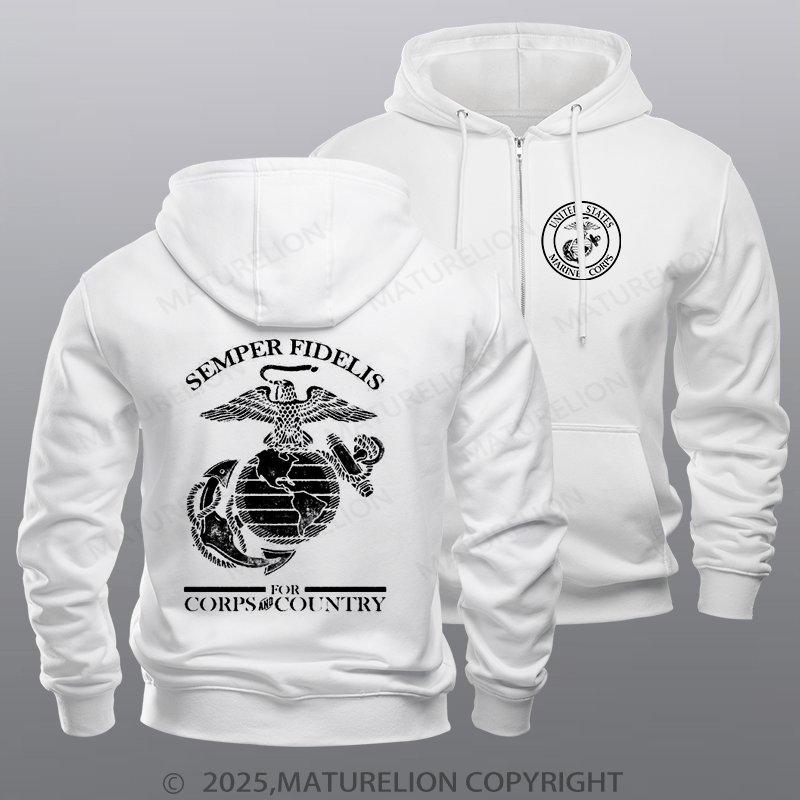 Maturelion Men's Hoodie USMC  For Country& Corps Zipper Hoodie