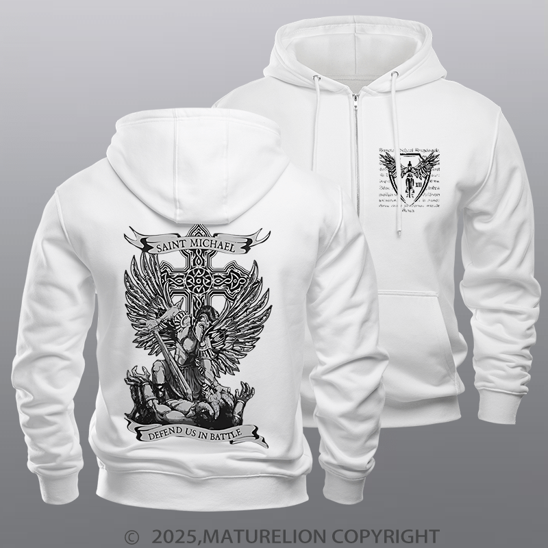 Maturelion Men's Hoodie Saint Michael Defend Us Zipper Hoodie