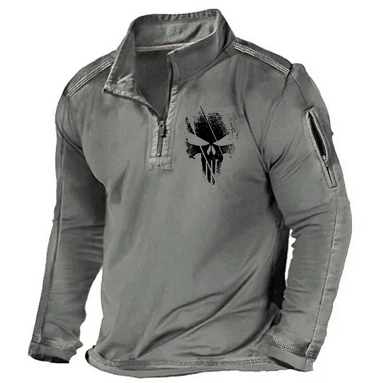 Maturelion Men's Henley Shirt Skull Print Zipper Punisher Henley Shirt