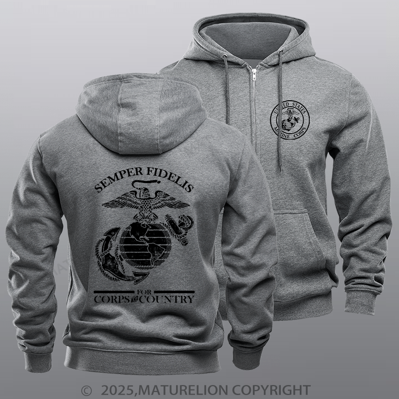 Maturelion Men's Hoodie USMC  For Country& Corps Zipper Hoodie