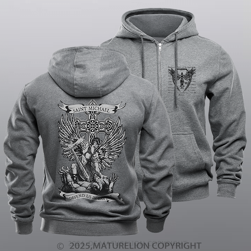 Maturelion Men's Hoodie Saint Michael Defend Us Zipper Hoodie