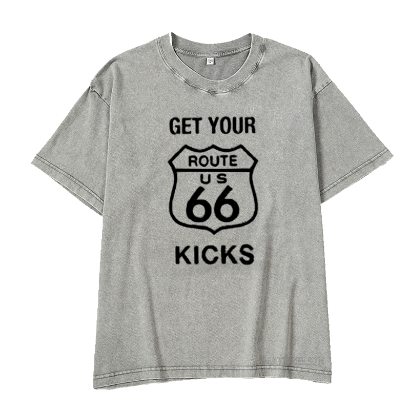 MATURELION Men's Stand Collar T-Shirt Route 66 Vintage Outdoor Short Sleeve Summer Daily Tops DTG PRINTING WASHED COTTON T-SHIRT
