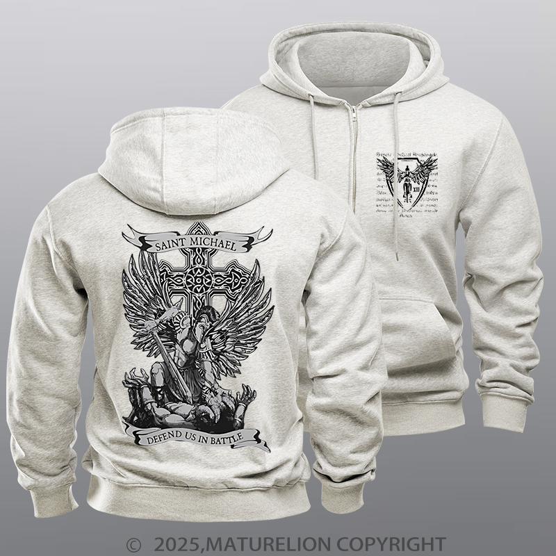 Maturelion Men's Hoodie Saint Michael Defend Us Zipper Hoodie