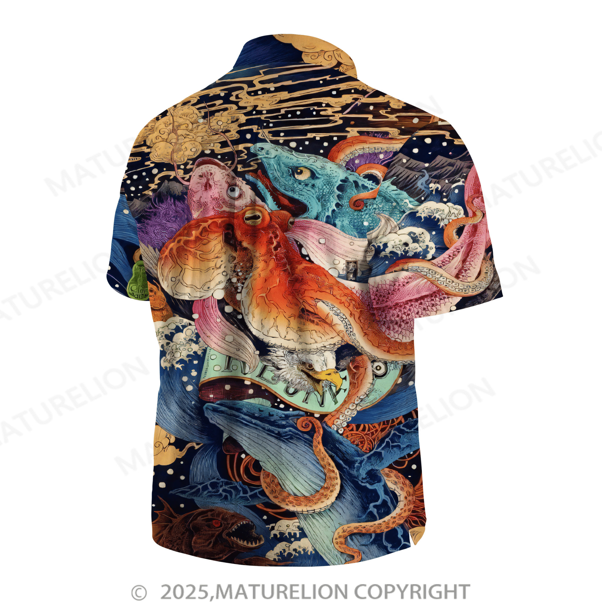 Maturelion Mens Ukiyo-E Octopus Sea Life Print Shirt