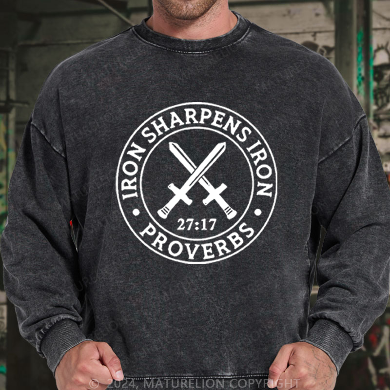 Maturelion Men's Sweatshirts Iron Sharpens Iron Washed Sweatshirts