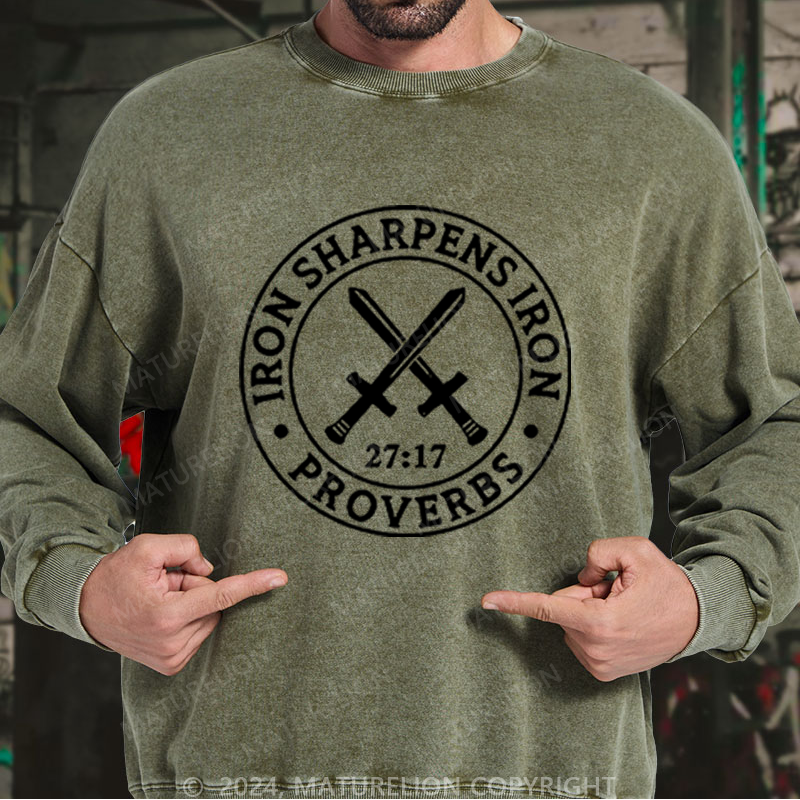 Maturelion Men's Sweatshirts Iron Sharpens Iron Washed Sweatshirts