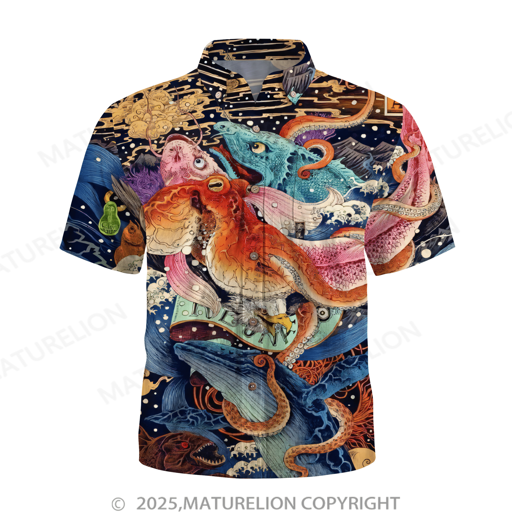 Maturelion Mens Ukiyo-E Octopus Sea Life Print Shirt