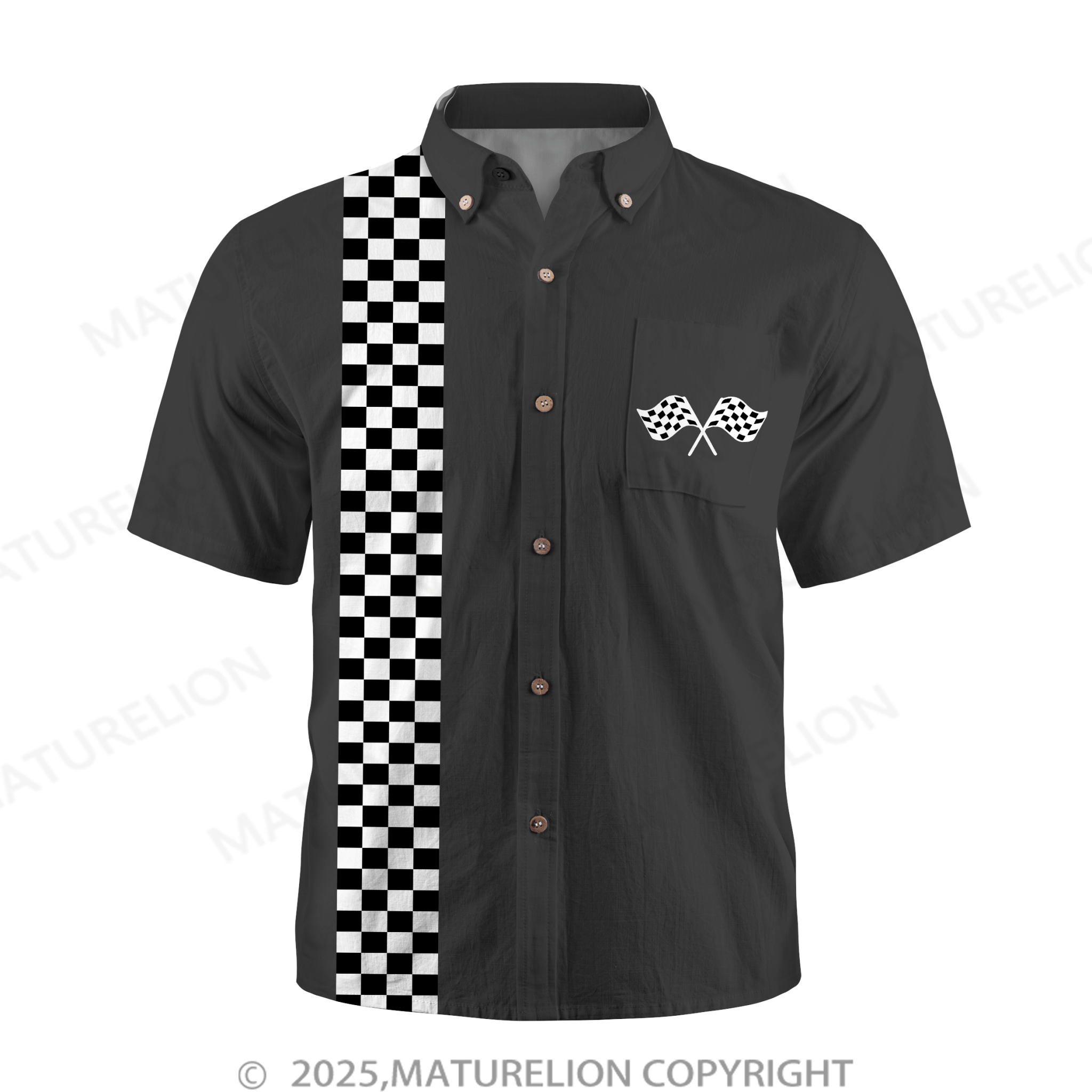 Maturelion Racing Checkerboard Print Men's Button Pocket Short Sleeve Shirt