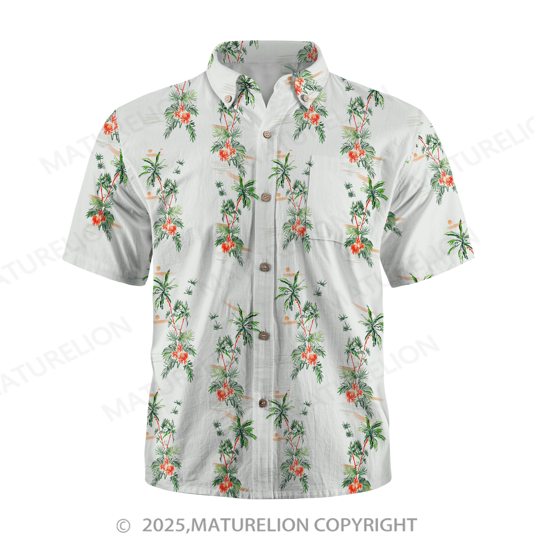 Maturelion Guys Coconut Tree Print Button Front Pocket Hawaiian Shirt