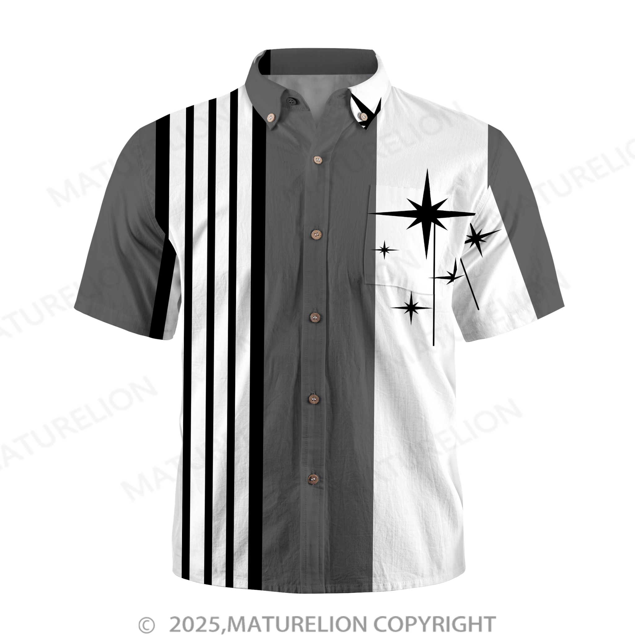 Maturelion retro bowling geometric pattern stripe print men's chest pocket holiday shirt oversized shirt