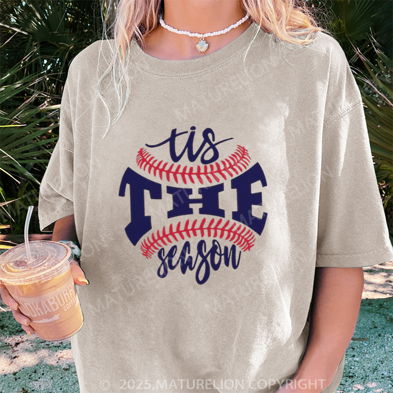 Maturelion Women's T-shirt Baseball Tis The Season DTG Washed T-shirt