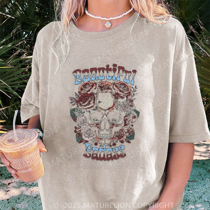 Maturelion Women's T-shirt Beautiful Badass Floral DTG Washed T-shirt