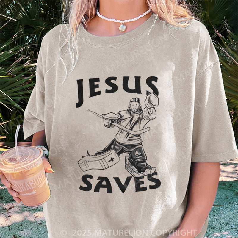 Maturelion Women's T-shirt Jesus Saves Hockey DTG Washed T-shirt