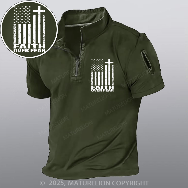 Maturelion Men's Henley Shirt Faith Over Fear Christian Flag Cross Henley Shirt