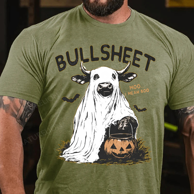 Maturelion Men's T-Shirt Funny Cow Halloween Pun – Bullsheet I Moo I Mean Boo Halloween Cotton T-Shirt