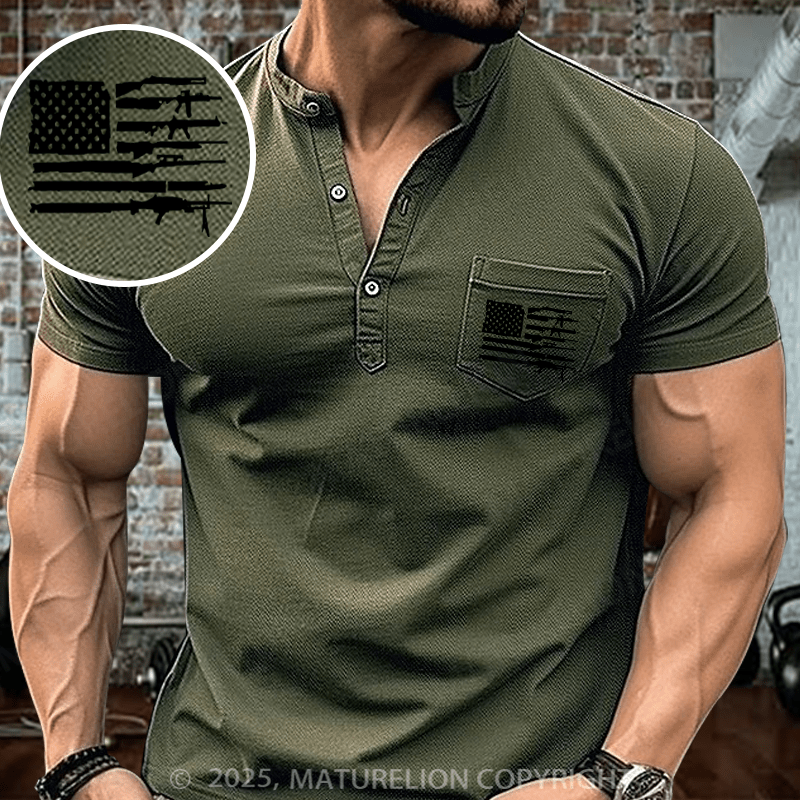 Maturelion Men's Henley Shirt American Gun Flag Henley Shirt