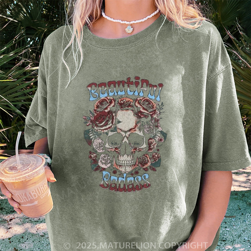 Maturelion Women's T-shirt Beautiful Badass Floral DTG Washed T-shirt