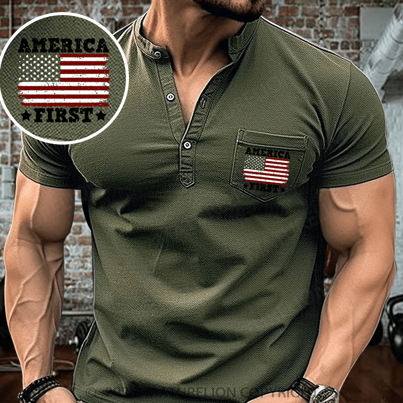 Maturelion Men's Henley Shirt America First Flag USA Henley Shirt