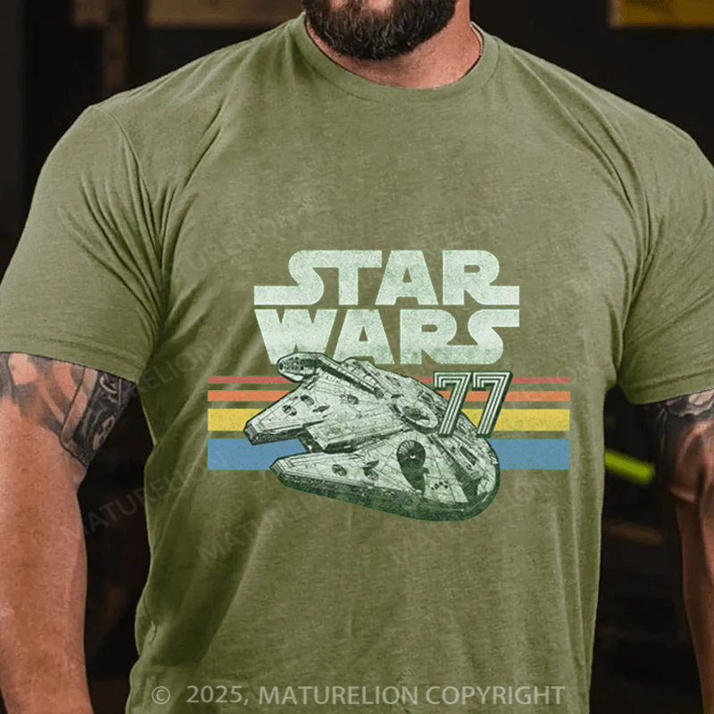 Maturelion Men's T-Shirt Millennium Falcon 77 Retro Lines Logo Cotton T-Shirt