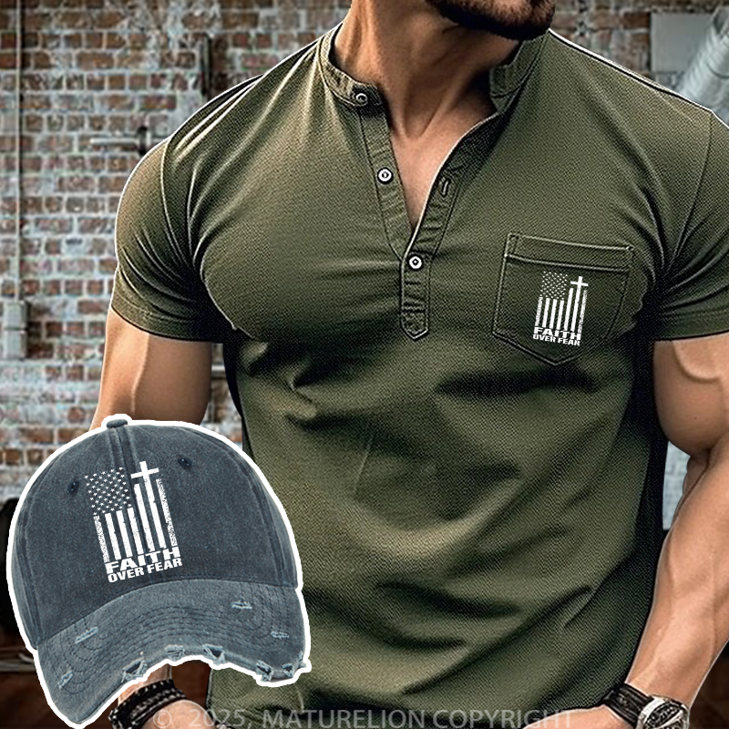 Maturelion Faith Over Fear Christian Flag Cross Henley Shirt and Hat Set