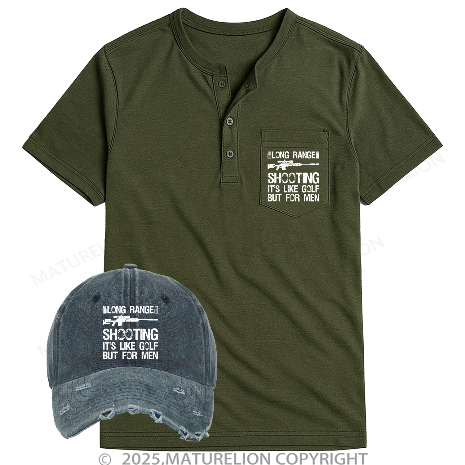 Maturelion Long Range Shooting It's Like Golf But For Men Henley Shirt and Hat Set