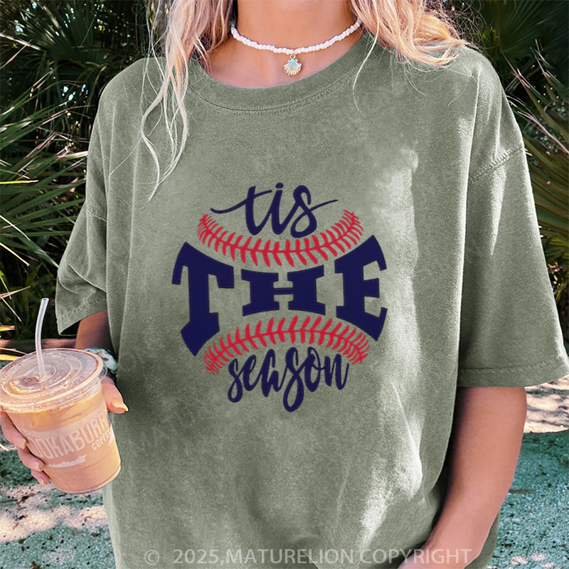 Maturelion Women's T-shirt Baseball Tis The Season DTG Washed T-shirt