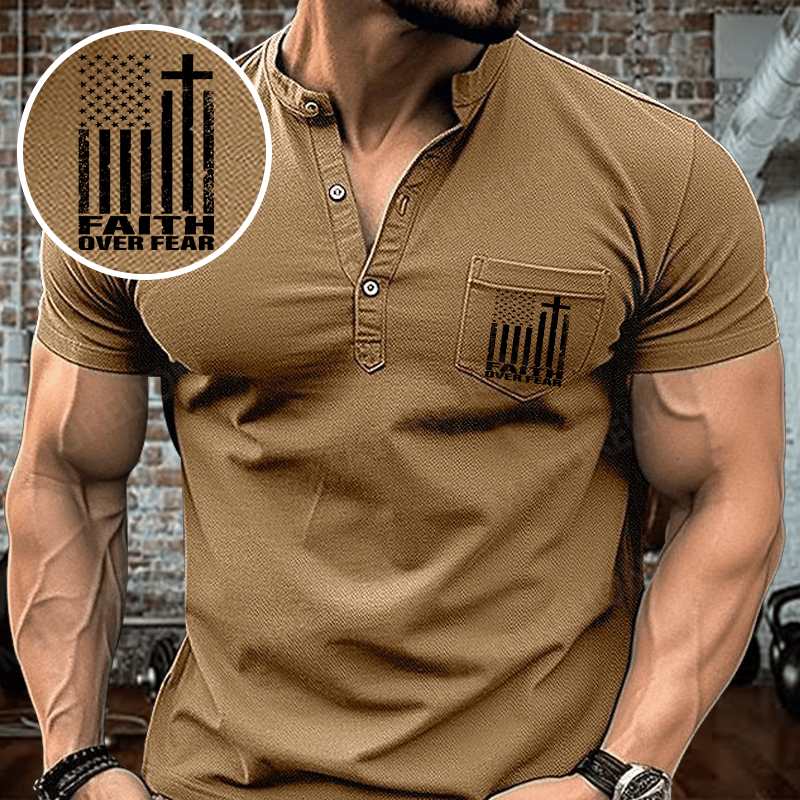 Maturelion Men's Henley Shirt Faith Over Fear Christian Flag Cross Henley Shirt