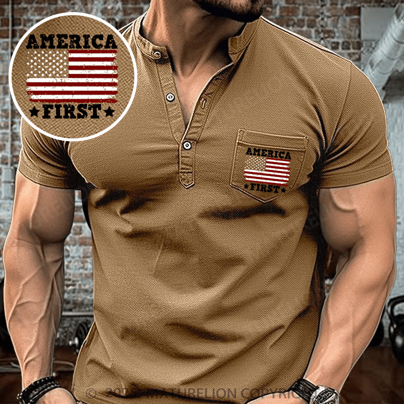 Maturelion Men's Henley Shirt America First Flag USA Henley Shirt