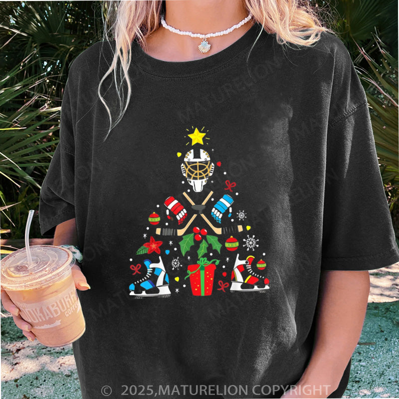 Maturelion Women's T-shirt Christmas Ice Hockey DTG Washed T-shirt
