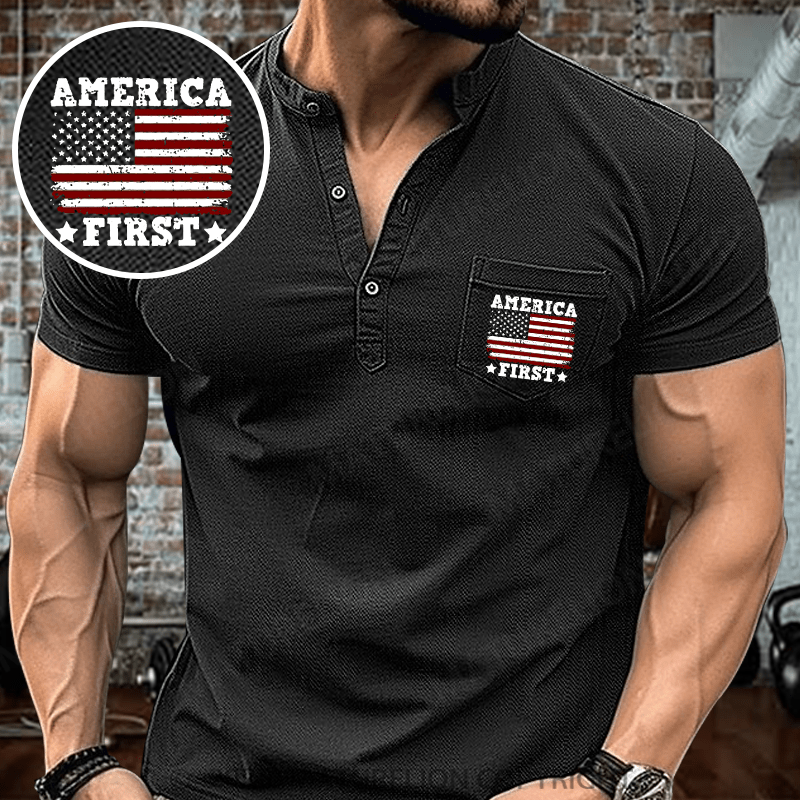 Maturelion Men's Henley Shirt America First Flag USA Henley Shirt