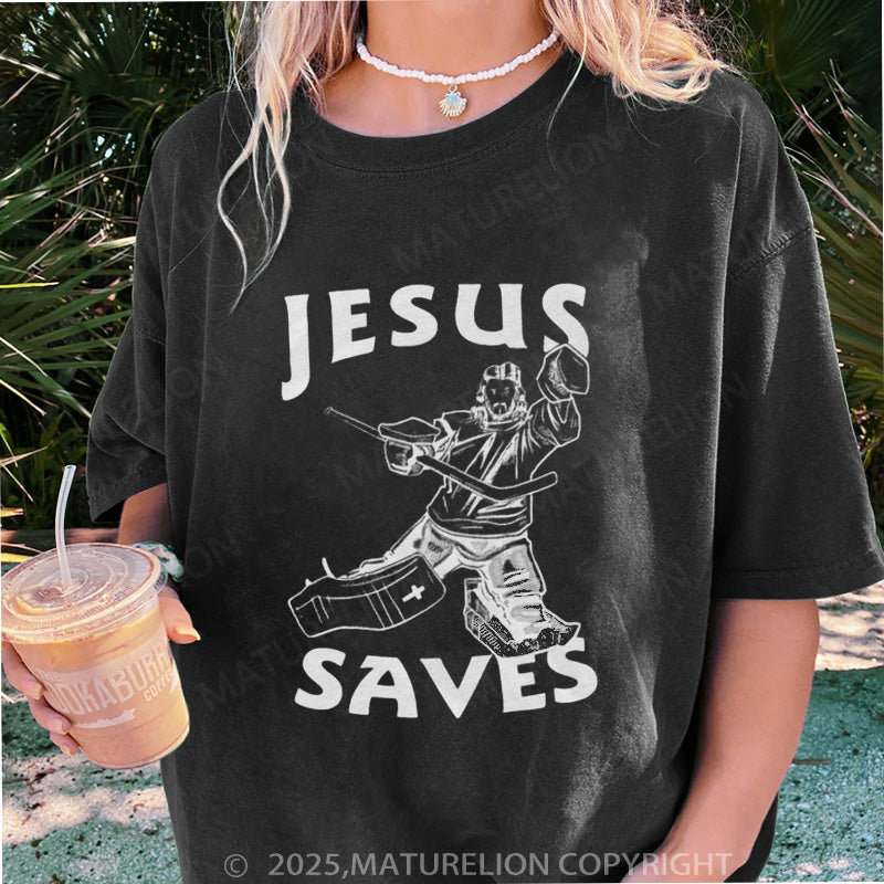 Maturelion Women's T-shirt Jesus Saves Hockey DTG Washed T-shirt