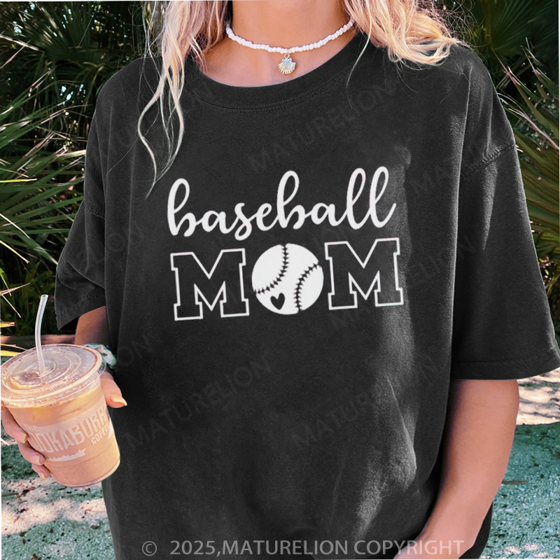 Maturelion Women's T-shirt Baseball Mom DTG Washed T-shirt